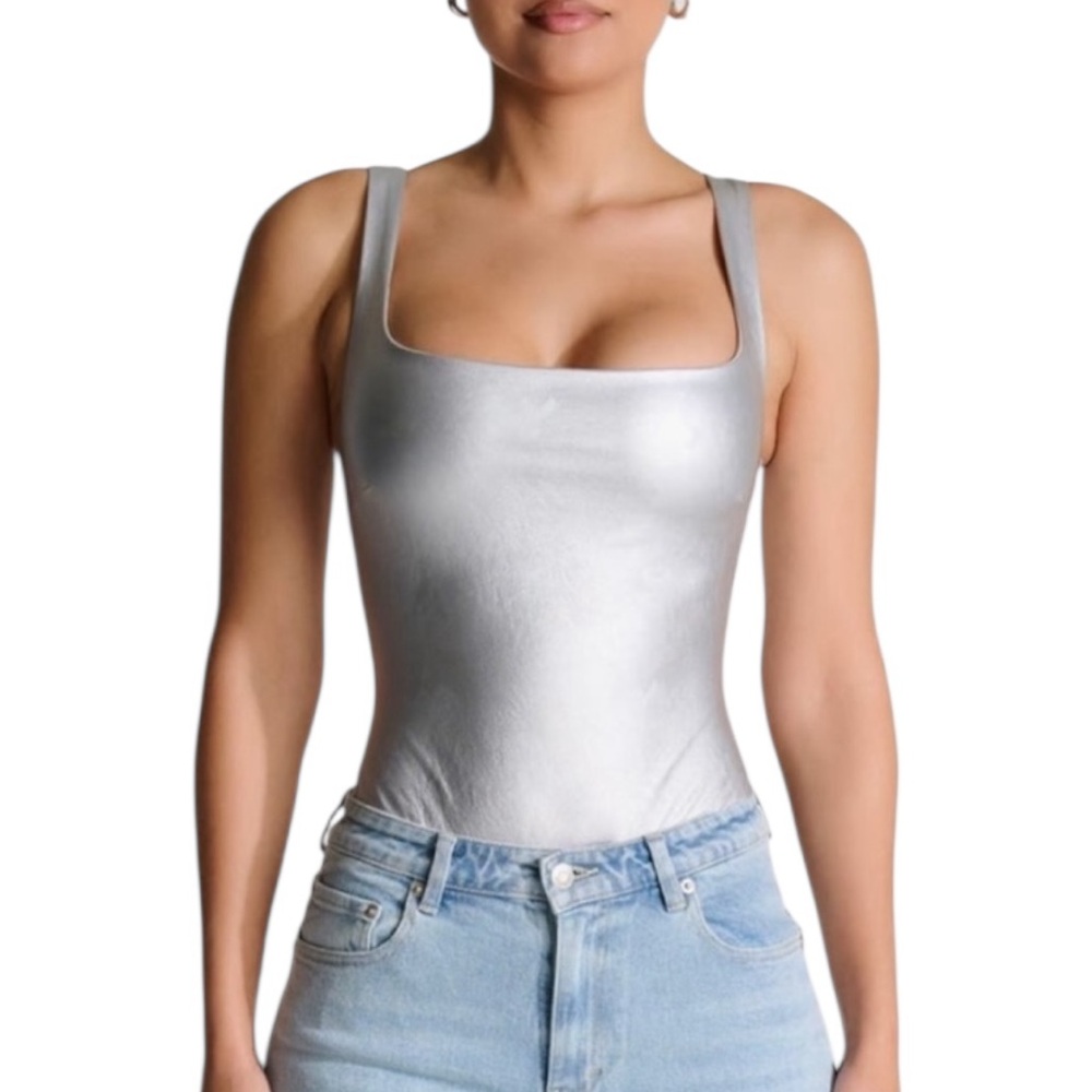 naked wardrobe Silver Metallic Square Neck Bodysuit